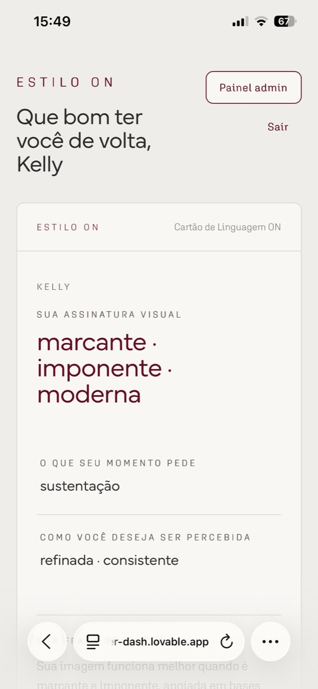 Cartão de Linguagem ON aberto no celular, com a assinatura visual marcante, imponente e moderna